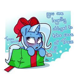 Size: 1500x1500 | Tagged: safe, artist:lou, trixie, pony, unicorn, g4, blatant lies, blushing, bow, box, cute, diatrixes, female, mare, pony in a box, present, solo, sweat, sweating profusely, text