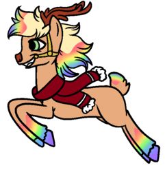 Size: 578x599 | Tagged: safe, artist:dragonflyfire8, artist:ponebox, oc, oc only, deer, deer pony, original species, antlers, clothes, collaboration, female, grin, harness, multicolored hair, rainbow hair, reindeer antlers, scarf, simple background, smiling, solo, tack, transparent background, unshorn fetlocks