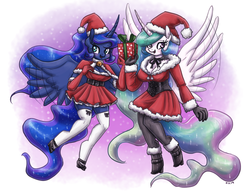 Size: 2000x1528 | Tagged: safe, artist:king-kakapo, princess celestia, princess luna, alicorn, anthro, unguligrade anthro, g4, boots, breasts, busty princess celestia, busty princess luna, christmas, cleavage, clothes, costume, cute, cutelestia, duo, female, flapping wings, gift wrapped, gloves, hat, holiday, long gloves, lunabetes, mare, royal sisters, santa costume, santa hat, shoes, siblings, sisters, stockings, thigh highs
