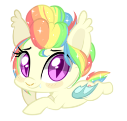 Size: 2503x2397 | Tagged: safe, artist:peachesandcreamated, oc, oc only, oc:shimmering skies, bat pony, pony, bat pony oc, chibi, female, high res, mare, multicolored hair, prone, rainbow hair, simple background, slit pupils, solo, transparent background