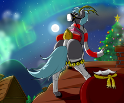 Size: 3000x2513 | Tagged: safe, artist:flash_draw, oc, oc only, oc:yoloe, horse, pony, animal costume, aurora borealis, bag, butt, chimney, christmas, christmas lights, christmas star, christmas tree, christmas wreath, clothes, cloud, commission, complex background, costume, deer costume, deer tail, detailed, high res, holiday, horns, house, jingle bells, male, moon, mountain, night, plot, scarf, smoke, socks, solo, stars, stockings, thigh highs, tree, village, wool, wreath