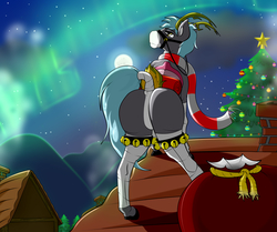 Size: 3000x2513 | Tagged: safe, artist:flash_draw, oc, oc only, oc:yoloe, horse, pony, animal costume, aurora borealis, bag, butt, chimney, christmas, christmas lights, christmas star, christmas tree, christmas wreath, clothes, cloud, commission, complex background, costume, deer costume, deer tail, detailed, high res, holiday, horns, house, jingle bells, male, moon, mountain, night, plot, raised tail, scarf, smoke, socks, solo, stars, stockings, tail, thigh highs, tree, village, wool, wreath