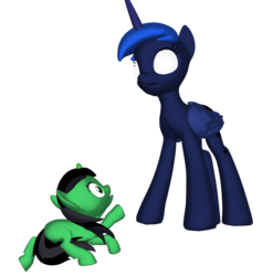 Size: 1646x1734 | Tagged: safe, princess luna, oc, oc:filly anon, alicorn, pony, unicorn, g4, 3d, 3d pony creator, 3d render, blank flank, duo, female, filly, glowing eyes, scared, simple background, transparent background