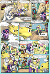 Size: 2160x3168 | Tagged: safe, artist:firefanatic, fluttershy, rarity, twilight sparkle, zecora, alicorn, human, pegasus, pony, unicorn, zebra, comic:friendship management, g4, alphys, asgore dreemurr, bandage, blindfold, bruised, chair, comic, crossed arms, desk, dialogue, ear piercing, earring, fluffy, glasses, grin, grumpy, high res, holding a pony, jewelry, necklace, nervous, nervous smile, piercing, ponyville, red cross, smiling, tent, tired, twilight sparkle (alicorn), undertale, what is hoo-man
