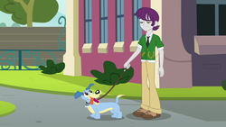 Size: 1539x866 | Tagged: safe, screencap, indigo wreath, dog, human, equestria girls, g4, my little pony equestria girls, blue dog, canterlot high, clothes, leash, male, pants, paws, shoes, sneakers
