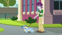 Size: 1539x866 | Tagged: safe, screencap, indigo wreath, dog, human, equestria girls, g4, my little pony equestria girls, blue dog, canterlot high, clothes, leash, male, pants, pointing, sad, shoes, sneakers