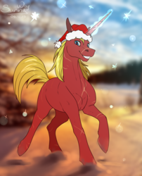 Size: 1000x1238 | Tagged: safe, artist:sunny way, oc, oc only, oc:steel prism, pony, unicorn, christmas, cute, forest, hat, holiday, horn, magic, male, new year, red hat, santa hat, scar, scarred, smiling, snow, solo, stallion, sunlight