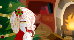 Size: 1920x1041 | Tagged: safe, artist:dianamur, oc, oc only, pony, christmas, christmas tree, deviantart watermark, female, fireplace, holiday, long ears, mare, obtrusive watermark, solo, tree, watermark