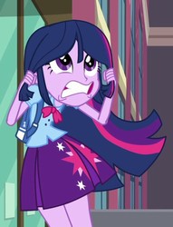 Size: 487x636 | Tagged: safe, screencap, twilight sparkle, human, equestria girls, g4, my little pony equestria girls, backpack, canterlot high, clothes, cropped, female, freaking out, hair pulling, miniskirt, pleated skirt, skirt, twilight sparkle (alicorn), twilighting