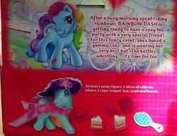 Size: 400x309 | Tagged: safe, rainbow dash (g3), g3, official, backcard, cake, comb, cute, dashabetes, food, hat, rainbow dash always dresses in style, text