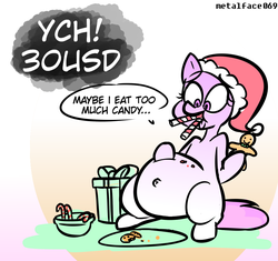 Size: 860x810 | Tagged: safe, artist:metalface069, oc, earth pony, pony, belly button, candy, candy cane, christmas, commission, fat, food, holiday, hoof on belly, stuffing, this will end in colic, your character here