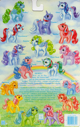 Size: 709x1119 | Tagged: safe, photographer:breyer600, applejack (g1), bow tie (g1), cherries jubilee, firefly, glory, gusty, heart throb, lickety-split, medley, posey, powder, skyflier, sparkler (g1), surprise, tootsie, g1, official, adoraprise, backcard, barcode, blushing, bow, cute, flyabetes, glorybetes, gustybetes, heartthrobetes, jackabetes, medleybetes, poseybetes, powderbetes, sparklerdorable, story, tail bow, tieabetes