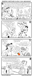 Size: 1320x3035 | Tagged: safe, artist:pony-berserker, apple bloom, applejack, mudbriar, pinkie pie, rarity, crab, earth pony, giant crab, pony, unicorn, pony-berserker's twitter sketches, g4, 2013, angry, apple sisters, bald, black and white, bow, buck off, comic, crying, dishonorapple, duo, eating, facial hair, fake cutie mark, fake moustache, female, filly, foal, food, gratuitous french, grayscale, guild of calamitous intent, halftone, hat, horror, i can't believe it's not idw, m'lady, male, mare, minced oath, monochrome, moustache, nonchalant, partial color, party cannon, pawn shop, pawn stars, peach, ponified, puffy cheeks, rarity fighting a giant crab, rick harrison, sewing machine, siblings, signature, simple background, sisters, sketch, smiling, speech bubble, spiked club, stallion, the venture bros., wall of tags, white background