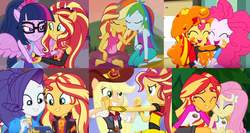 Size: 1584x840 | Tagged: safe, edit, screencap, applejack, fluttershy, pinkie pie, rainbow dash, rarity, sci-twi, sunset shimmer, twilight sparkle, human, equestria girls, equestria girls specials, festival filters, g4, my little pony equestria girls: better together, my little pony equestria girls: dance magic, my little pony equestria girls: forgotten friendship, my little pony equestria girls: legend of everfree, my little pony equestria girls: summertime shorts, the art of friendship, wake up!, wake up!: rainbow dash, clothes, dance magic (song), embrace the magic, eyes closed, geode of super speed, hug, humane five, humane seven, humane six, magical geodes, moments