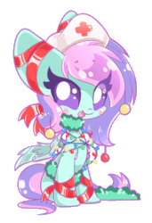 Size: 496x725 | Tagged: safe, artist:sohmasatori, oc, oc:blissy, changedling, changeling, animated, blushing, christmas, christmas lights, christmas ornament, decoration, eye clipping through hair, female, gif, hat, holiday, looking at you, nurse hat, ribbon, simple background, sitting, tangled up, tongue out, transparent background