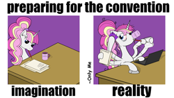 Size: 1920x1080 | Tagged: safe, artist:onlymeequestrian, oc, oc only, oc:brightfull flux, pony, unicorn, bloodshot eyes, coffee, computer, expectation vs reality, laptop computer, scenery, solo