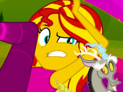 Size: 992x739 | Tagged: safe, anonymous artist, anonymous editor, edit, edited screencap, screencap, discord, sunset shimmer, draconequus, human, equestria girls, g4, my little pony equestria girls: better together, wake up!, wake up!: rainbow dash, armpit tickling, armpits, arms in the air, beautiful, clothes, cropped, cute, duo, duo male and female, female, fun, funny, hilarious, male, personal space invasion, pretty, raised arm, raised arms, sexy, shirt, sleeveless, sleeveless shirt, tank top, tickling