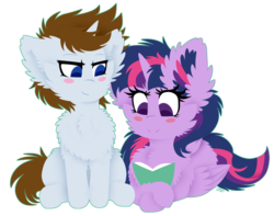 Size: 1008x793 | Tagged: safe, artist:vanillaswirl6, twilight sparkle, oc, oc:sentinel shield, alicorn, pony, unicorn, g4, blush sticker, blushing, book, cheek fluff, chest fluff, commission, duo, ear fluff, fluffy, simple background, transparent background, twilight sparkle (alicorn)