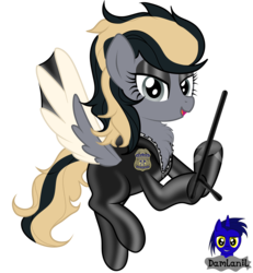 Size: 3840x4154 | Tagged: safe, artist:damlanil, oc, oc only, oc:detective stone, pegasus, pony, baton, catsuit, chest fluff, clothes, commission, female, high res, hood, latex, latex suit, makeup, mare, police, raised hoof, rubber, shiny, simple background, solo, transparent background, zipper
