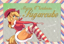 Size: 3109x2153 | Tagged: safe, artist:traupa, applejack, anthro, g4, adorasexy, big breasts, blushing, breasts, busty applejack, candy, candy cane, christmas, chromatic aberration, clothes, costume, cute, evening gloves, female, food, gloves, hat, high res, holiday, jackabetes, long gloves, postcard, santa costume, santa hat, schrödinger's pantsu, sexy, socks, solo, stockings, striped socks, sugar cane, thigh highs, thighs