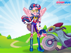 Size: 800x600 | Tagged: safe, artist:user15432, indigo zap, human, equestria girls, g4, my little pony equestria girls: friendship games, boots, clothes, dressup game, elbow pads, goggles, helmet, knee pads, motocross outfit, motorcross, motorcycle, motorcycle helmet, motorcycle outfit, peace sign, ponied up, shoes, solo, sporty style, starsue, wings