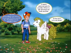 Size: 771x576 | Tagged: safe, edit, edited screencap, editor:korora, screencap, danny williams, surprise, g1, my little pony 'n friends, the great rainbow caper, adoraprise, baseball cap, bow, cap, cute, dannybetes, dialogue, gulliver's travels, hat, implied firefly, implied megan, misspelling, narnia, speech bubble, tail bow, tree