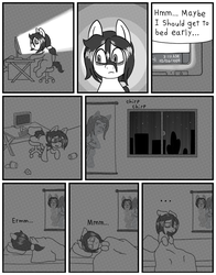 Size: 648x828 | Tagged: safe, artist:scraggleman, oc, oc:floor bored, earth pony, pony, comic:insomnia, bed, comic, computer, monochrome, night, ponytail, solo, speech bubble, wall scroll, window
