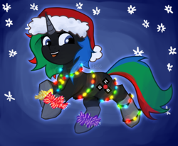Size: 2000x1644 | Tagged: safe, alternate version, artist:sb66, oc, oc only, oc:thinkpony, pony, unicorn, christmas, christmas lights, garland, hat, holiday, lights, santa hat, snow, snowflake, ych result