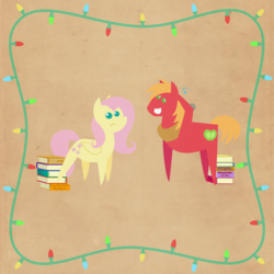 Size: 2000x2000 | Tagged: safe, anonymous artist, big macintosh, fluttershy, pony, series:12 days of hearth's warming, series:fm holidays, g4, :t, book, border, christmas, christmas lights, female, grin, hearth's warming, high res, holiday, looking away, male, nervous, nervous smile, pointy ponies, pushing, ship:fluttermac, shipping, smiling, straight, sweat, texture, twelve days of christmas