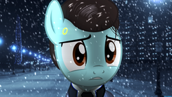 Size: 3840x2160 | Tagged: safe, artist:bastbrushie, android, earth pony, pony, robot, city, clothes, connor, detroit: become human, high res, night, snow, snowfall, suit, winter