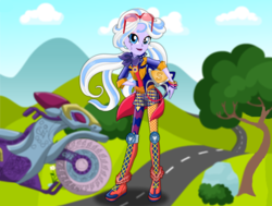 Size: 793x598 | Tagged: safe, artist:user15432, sugarcoat, human, equestria girls, g4, my little pony equestria girls: friendship games, boots, clothes, dressup game, elbow pads, goggles, helmet, knee pads, motocross outfit, motorcross, motorcycle, motorcycle helmet, motorcycle outfit, ponied up, shoes, solo, sporty style, starsue