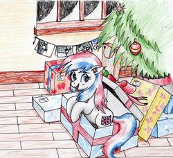 Size: 2660x2425 | Tagged: safe, artist:40kponyguy, oc, oc only, oc:britannia (uk ponycon), earth pony, pony, uk ponycon, box, christmas, christmas card, christmas tree, ear fluff, high res, holiday, looking at you, pony in a box, present, solo, traditional art, tree, wooden floor