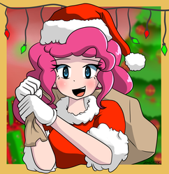 Size: 1000x1034 | Tagged: safe, artist:genericmlp, pinkie pie, human, g4, christmas, clothes, costume, female, hat, holiday, humanized, santa costume, santa hat, santa sack, solo