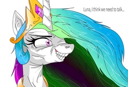 Size: 3146x2131 | Tagged: safe, princess celestia, alicorn, pony, g4, sparkle's seven, creepy, female, grin, high res, simple background, smiling, solo, white background