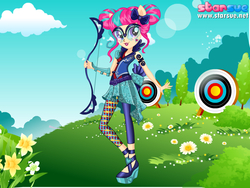 Size: 800x600 | Tagged: safe, artist:user15432, sour sweet, human, equestria girls, g4, my little pony equestria girls: friendship games, archer, archery, arrow, bow, bow (weapon), bow and arrow, clothes, dressup game, flower, glasses, goggles, ponied up, shoes, solo, sporty style, starsue, target, weapon