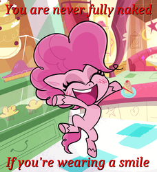 Size: 1200x1318 | Tagged: safe, edit, edited screencap, screencap, pinkie pie, earth pony, pony, g4.5, my little pony: pony life, caption, cheering, cropped, cute, diapinkes, excited, eyes closed, female, happy, hooves up, jumping, open mouth, ponk, smiling, solo, teeth, text, we don't normally wear clothes