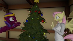 Size: 3840x2160 | Tagged: safe, artist:northern haste, fluttershy, the sphinx, sphinx, anthro, g4, 3d, 4k, behaving like a cat, christmas, christmas tree, high res, holiday, kitty sphinx, source filmmaker, this will end in tears, tree