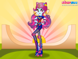 Size: 800x600 | Tagged: safe, artist:user15432, sunny flare, human, equestria girls, g4, my little pony equestria girls: friendship games, bow, clothes, dressup game, elbow pads, hair bow, helmet, knee pads, ponied up, roller derby, roller skates, skates, solo, sporty style, starsue