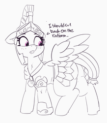 Size: 3499x4016 | Tagged: safe, artist:pabbley, iron eagle, pony, g4, armor, dialogue, fat ass, female, guardsmare, looking back, mare, monochrome, royal guard, scar, solo, weight gain