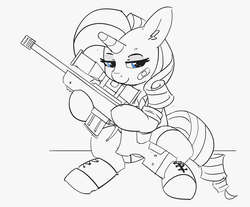 Size: 2767x2287 | Tagged: safe, artist:pabbley, rarity, pony, unicorn, g4, bandaid, female, gun, high res, lidded eyes, mare, monochrome, partial color, sitting, sniper, solo, weapon