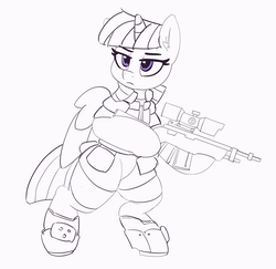 Size: 4957x4819 | Tagged: safe, artist:pabbley, twilight sparkle, alicorn, pony, g4, absurd resolution, armor, bipedal, female, gun, lineart, mare, monochrome, partial color, solo, twilight sparkle (alicorn), weapon