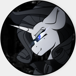 Size: 1200x1200 | Tagged: safe, artist:crimmharmony, oc, oc only, oc:shadow spade, pony, unicorn, fallout equestria: kingpin, beauty mark, black eyeshadow, blank, blank of rarity, blue eyes, circle background, clothes, commissioner:genki, eyeshadow, fedora, grin, hat, horn, justice mare, lawbringer, makeup, noir, not rarity, profile picture, simple background, smiling, solo, trenchcoat, unicorn oc
