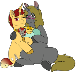 Size: 1204x1153 | Tagged: safe, artist:69beas, oc, oc only, oc:jessie feuer, oc:luri equestria, oc:redd velvet, oc:syrup creme, pony, unicorn, 2020 community collab, derpibooru community collaboration, baby, baby pony, colt, digital art, family, father and child, father and son, female, filly, foal, glasses, hug, jessuri, looking at you, male, mare, mother and child, mother and daughter, offspring, one eye closed, parent:oc:jessie feuer, parent:oc:luri equestria, parents:jessuri, parents:oc x oc, simple background, sitting, smiling, stallion, transparent background