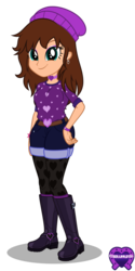 Size: 632x1264 | Tagged: safe, artist:cyberapple456, oc, oc only, oc:chloe adore, equestria girls, g4, beanie, boots, eyeshadow, hand on hip, hat, heart, jewelry, looking at you, makeup, necklace, purple eyeshadow, shoes, simple background, solo, white background