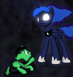 Size: 1646x1734 | Tagged: safe, artist:anon3mous1, princess luna, oc, alicorn, pony, unicorn, fanfic:trust once lost, g4, blank flank, duo, female, filly, glowing eyes, mare, scared, self insert