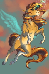 Size: 1624x2436 | Tagged: safe, artist:faline-art, sunset shimmer, pony, unicorn, g4, airborne, artificial wings, augmented, coat markings, female, flying, hoers, magic, magic wings, mare, socks (coat markings), solo, sunset, wings