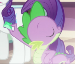 Size: 518x443 | Tagged: safe, screencap, rarity, spike, dragon, pony, unicorn, dragon dropped, g4, cropped, eyes closed, female, gem, holding, male, mare, offscreen character, solo focus