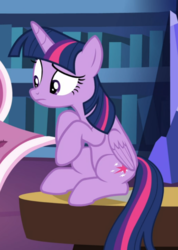 Size: 669x937 | Tagged: safe, screencap, twilight sparkle, alicorn, pony, dragon dropped, g4, bookshelf, cropped, cutie mark, female, folded wings, frown, mare, raised eyebrow, sitting, solo, table, twilight sparkle (alicorn), wings, worried