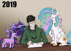 Size: 2571x1855 | Tagged: safe, artist:greyscaleart, princess celestia, princess luna, twilight sparkle, oc, oc:human grey, alicorn, human, pony, unicorn, g4, :>, :d, :p, alternate cutie mark, colored hooves, constellation freckles, drawing, eyes closed, female, floppy ears, frown, gradient background, gray background, grin, head tilt, mare, missing accessory, raised eyebrow, simple background, sitting, smiling, stubby, tongue out, unicorn twilight