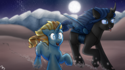 Size: 5760x3240 | Tagged: safe, artist:sevenserenity, oc, oc:queen lahmia, oc:skydreams, changeling, changeling queen, absurd resolution, blue changeling, changeling queen oc, desert, female, manic grin, moon, moonlight, mountain, night, night sky, running, sky, tongue out